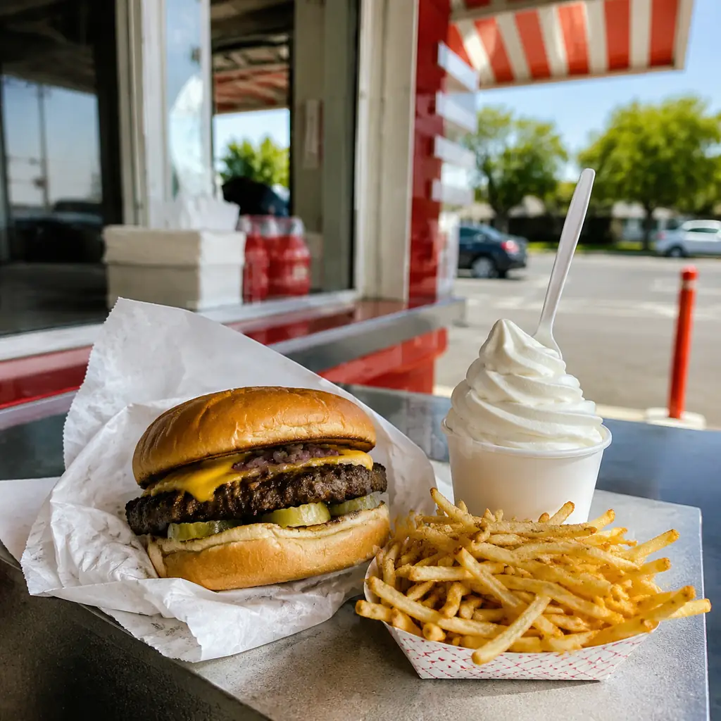 retro inspired roadside burger counter with thin steakburger shoestring fries and frozen custard no logos, realistic tra