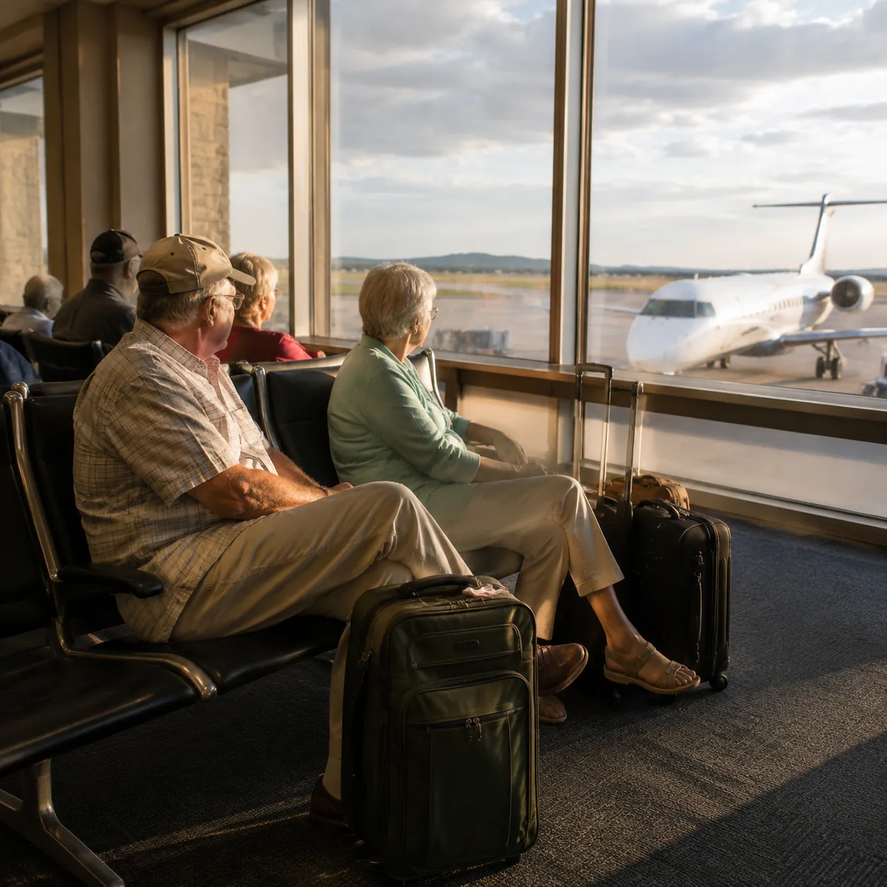 Small regional airport waiting room with older vacation travelers sitting beside luggage near windows overlooking a park