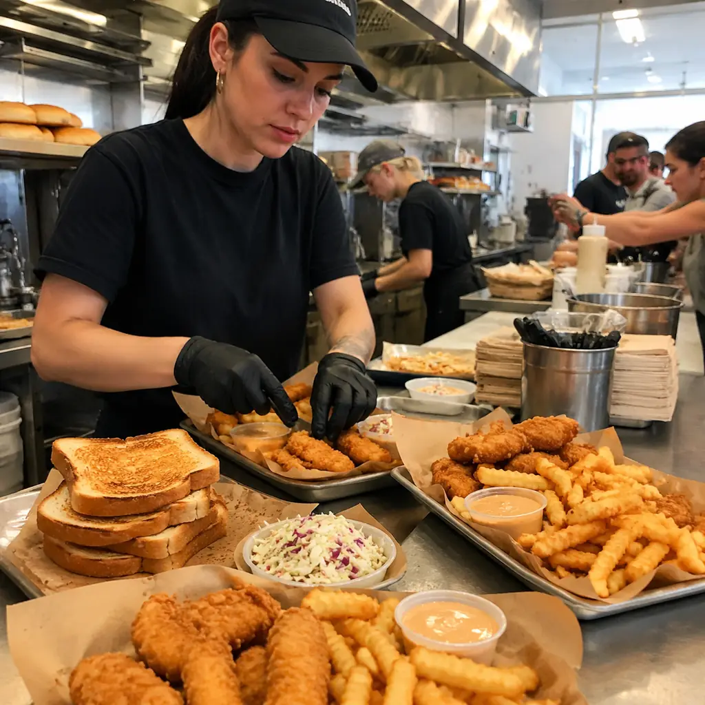 busy clean chicken finger counter with toast fries slaw and dipping sauce in an unbranded setting, realistic travel edit