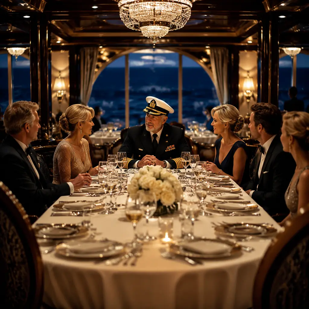 classic captain's table in a grand cruise dining room with place settings for invited passengers and a uniformed captain