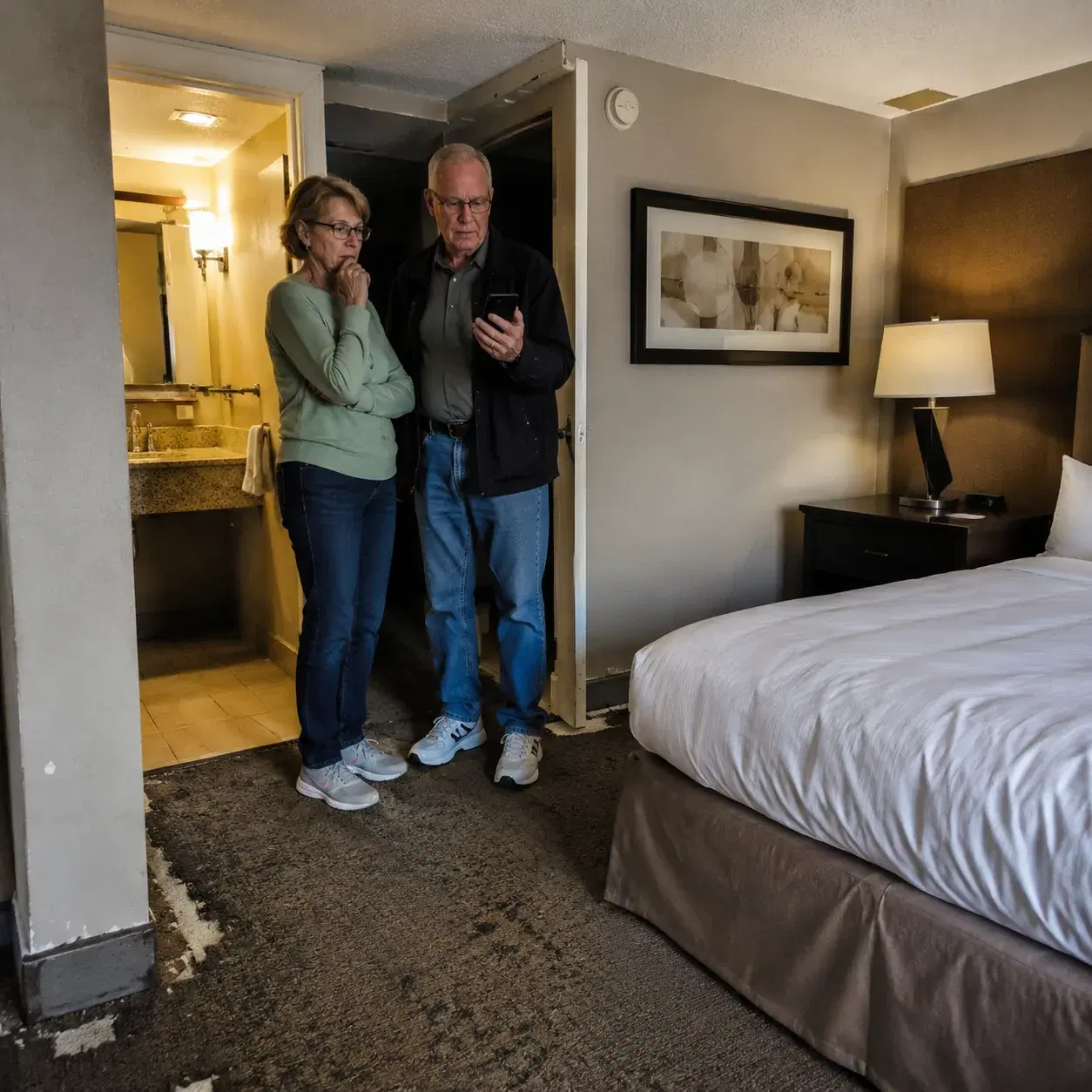 Doubletree hotel room with visible wear on carpet edges, outdated bathroom fixtures, scuffed baseboards, older American