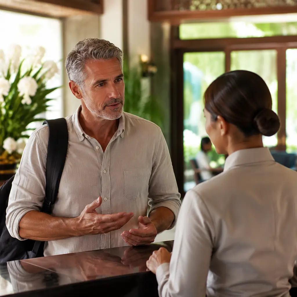 guest services desk where an experienced traveler asks a calm question about gratuities with no visible text, realistic 