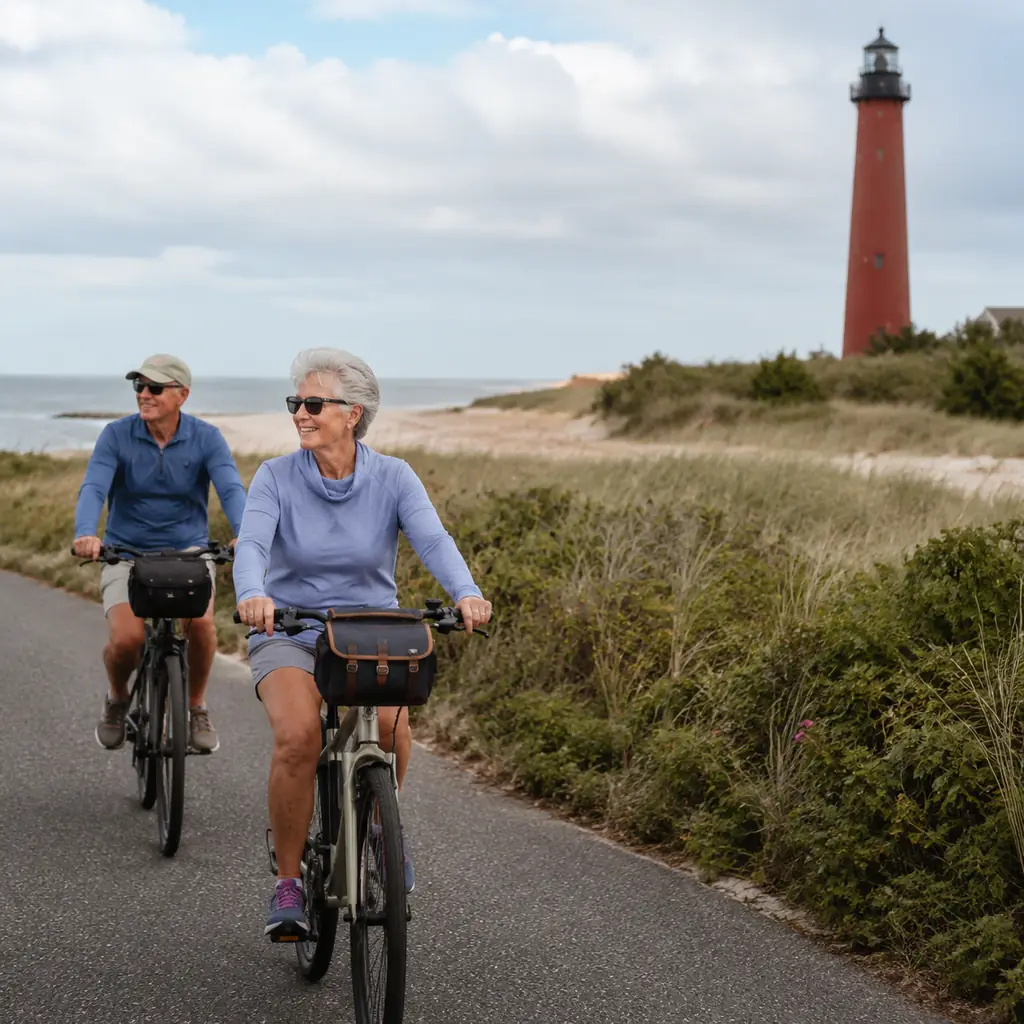 mature travelers cycling gently near dunes and lighthouse scenery outside Lewes Delaware in the shoulder season, realist