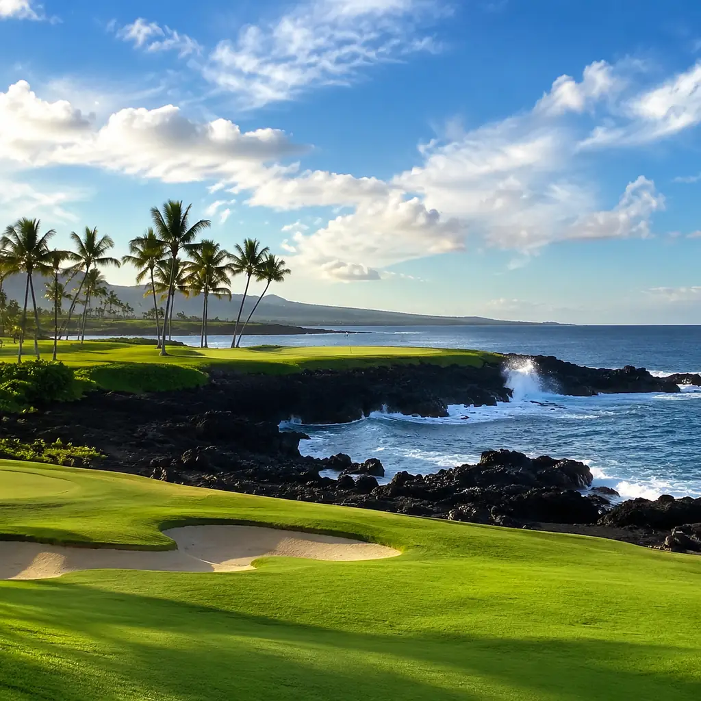 Realistic editorial photo of a Big Island Hawaii golf course with volcanic shoreline, ocean carry, palm trees, black lav