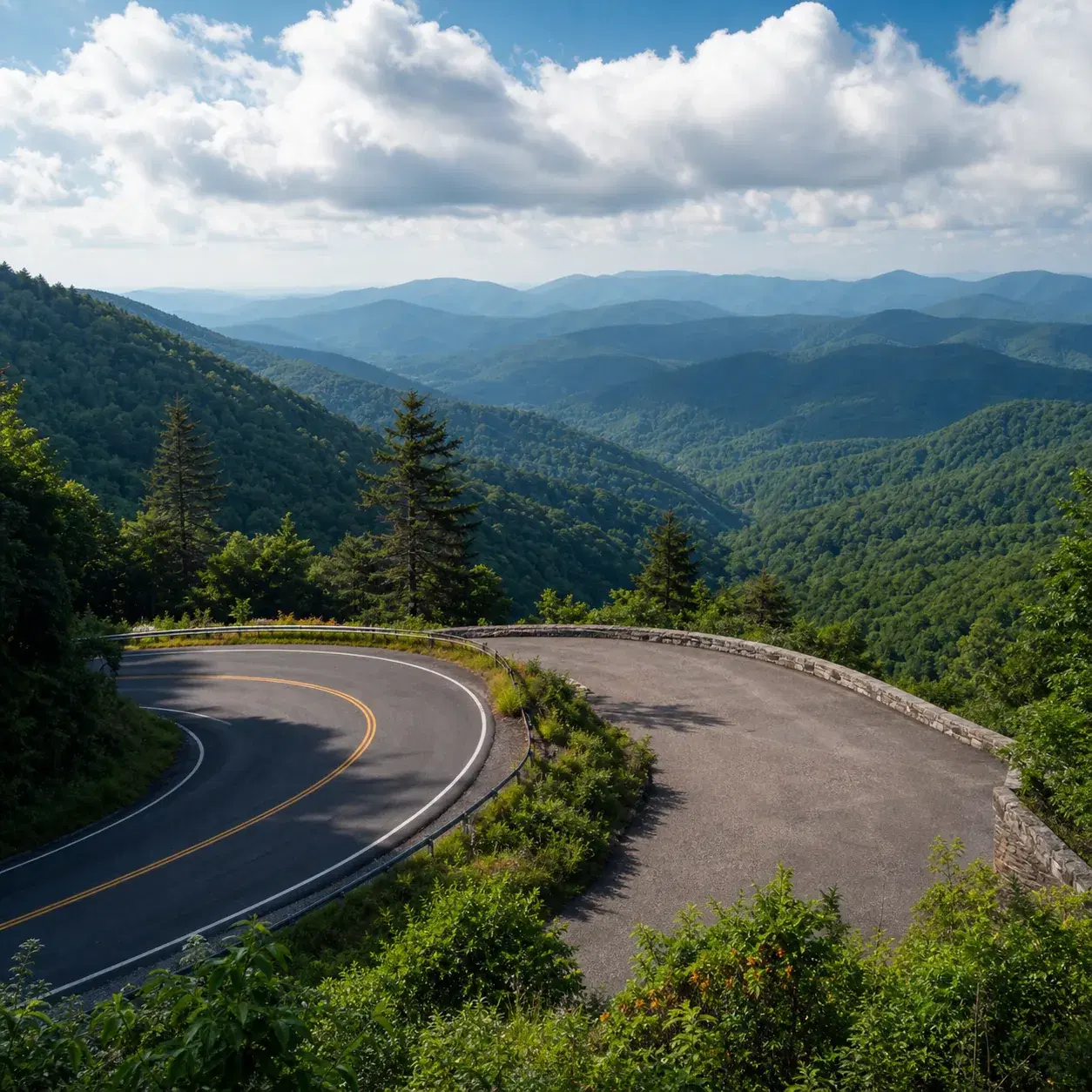 Realistic editorial photo of a high Appalachian road curving through green forest with long mountain views and a clean p