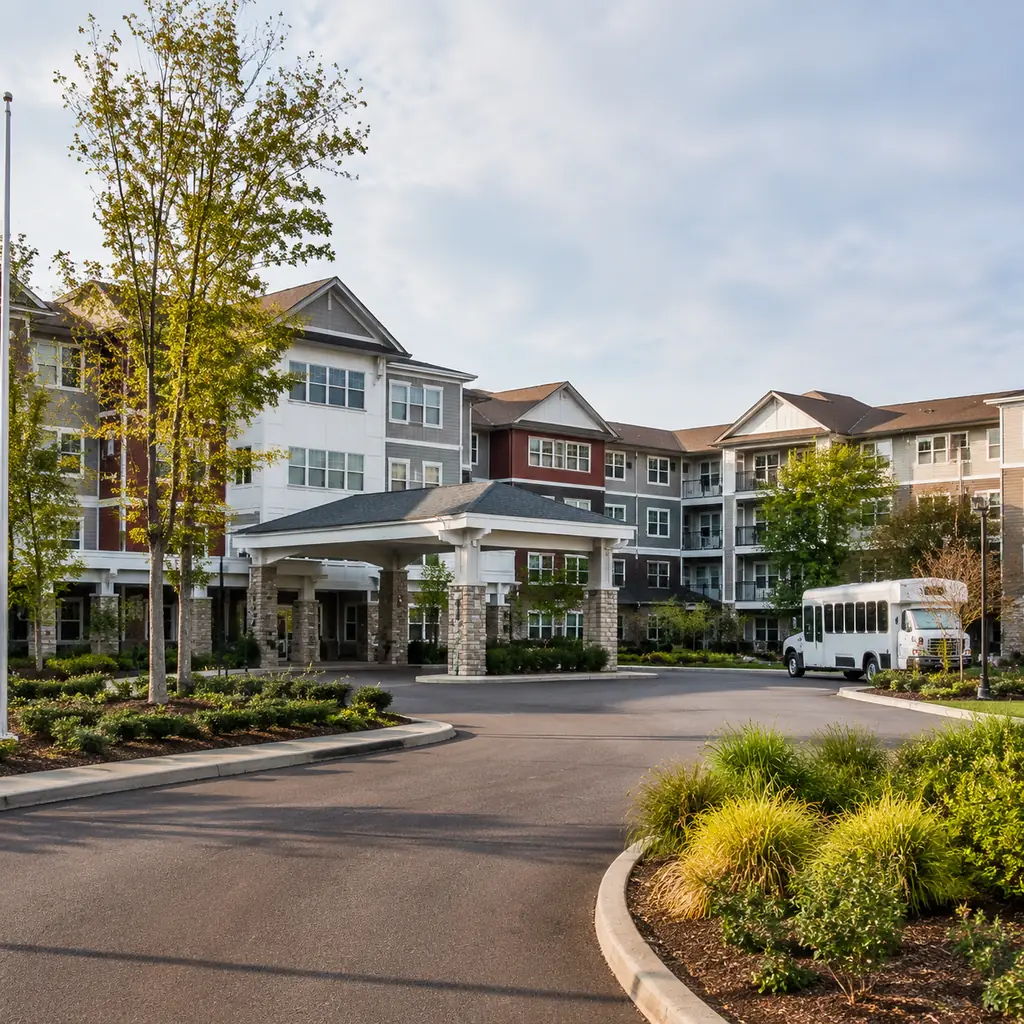 Realistic editorial photo of a large suburban continuing care campus with connected mid-rise buildings, covered entrance