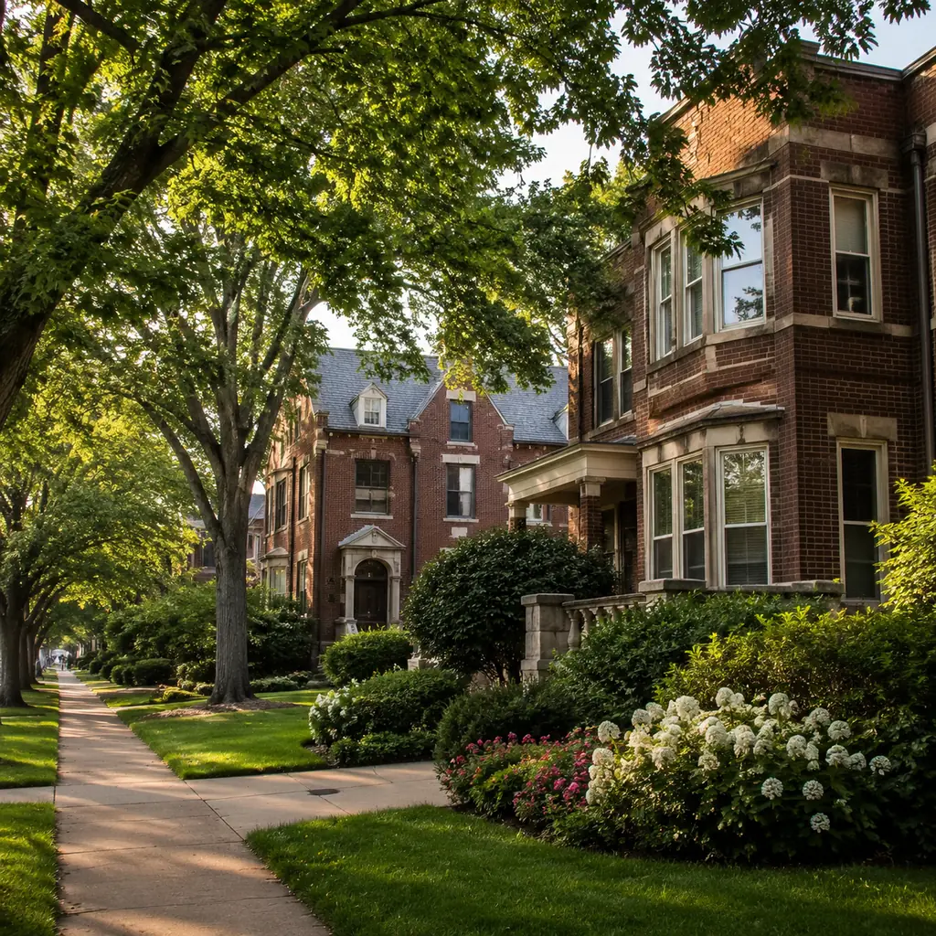Realistic editorial photo of a leafy Upper Arlington retirement community with older brick buildings, mature trees, tidy