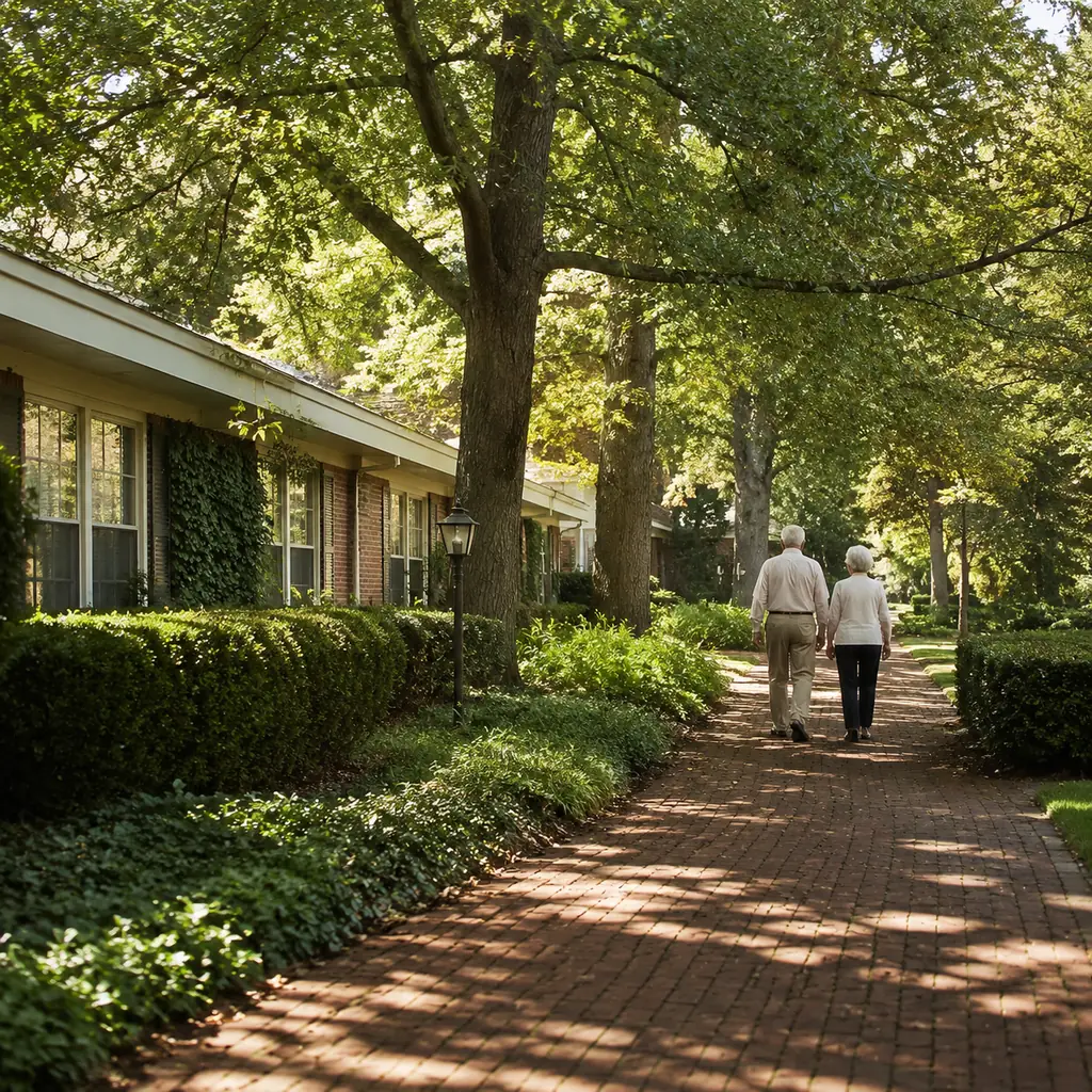 Realistic editorial photo of a mature Pennsylvania retirement community with 1960s era low-rise residences softened by t