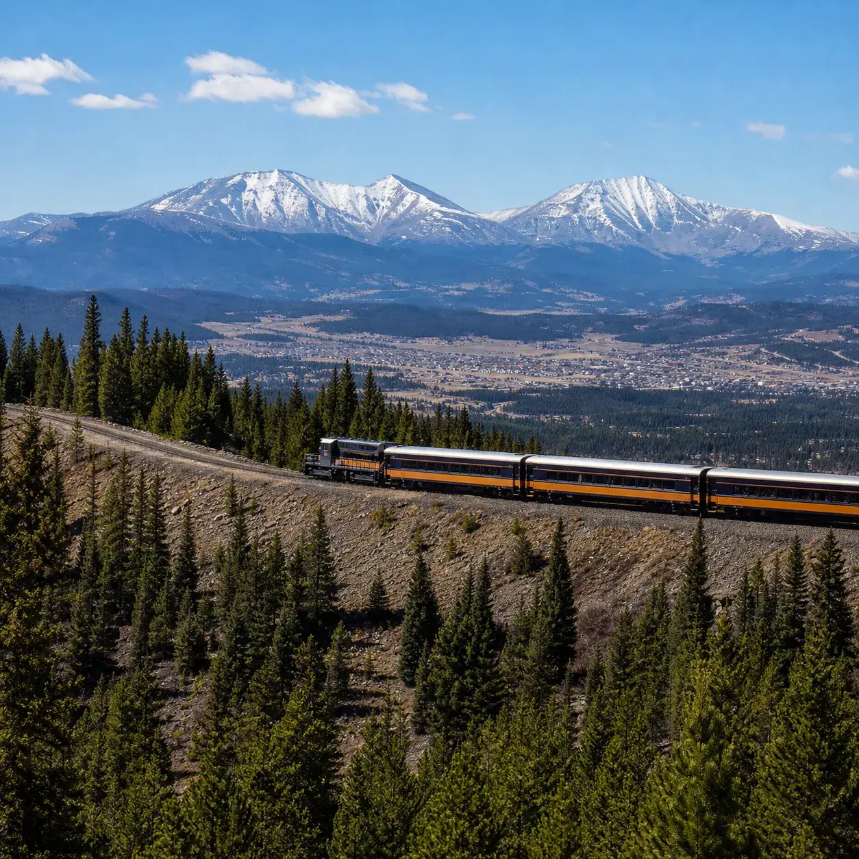 Realistic editorial photo of a scenic train above Leadville Colorado with high alpine forest, distant Mount Elbert and M