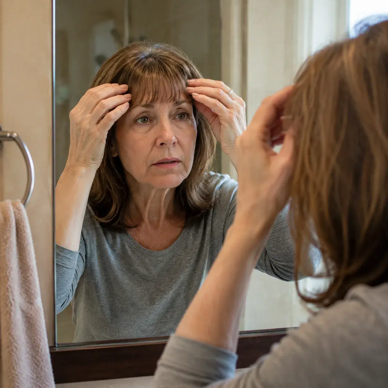 Realistic editorial photo of a woman over 50 with curtain bangs cut too short after washing, simple bathroom mirror and