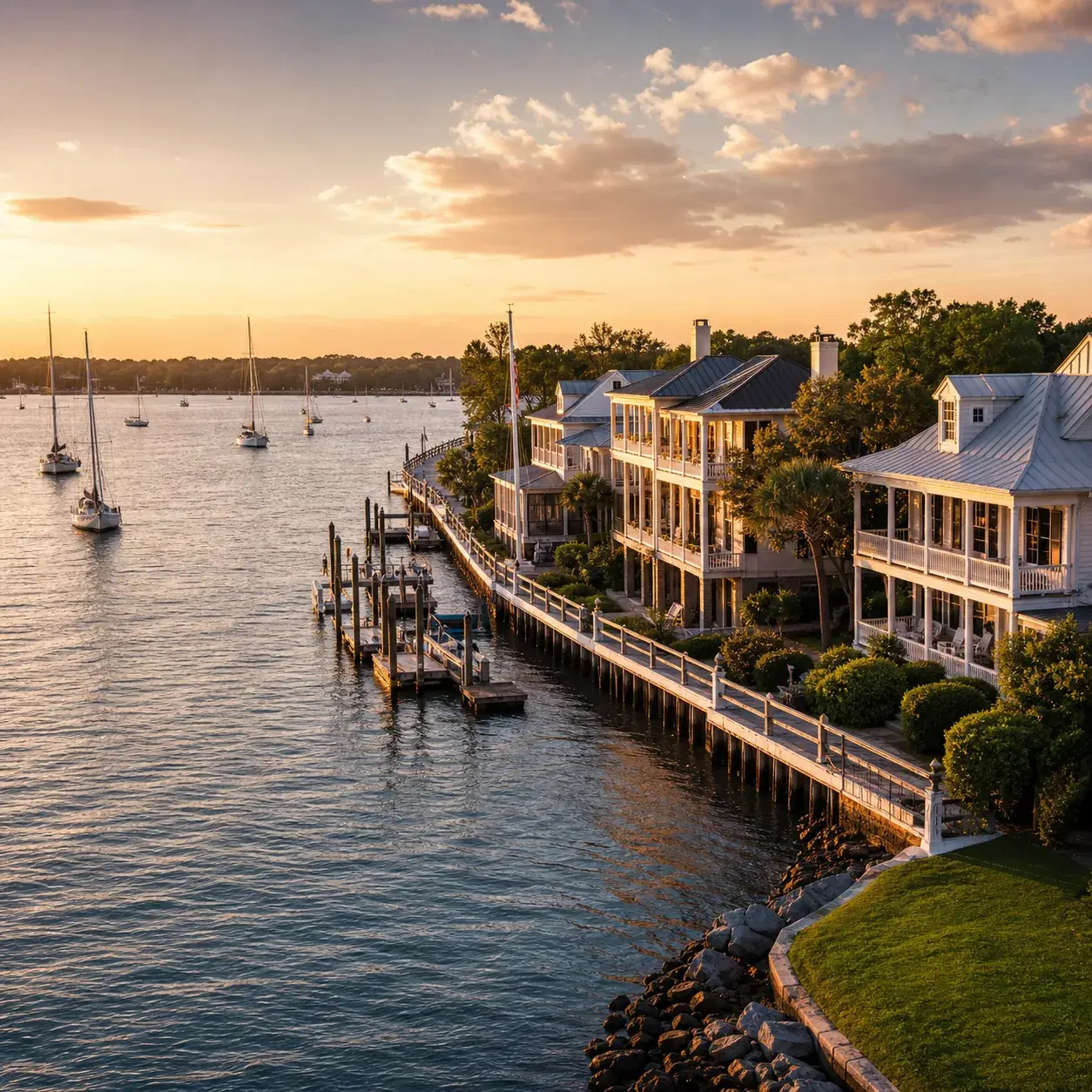 Realistic editorial photo of Beaufort North Carolina waterfront with historic homes, sailboats, white porches, and warm 