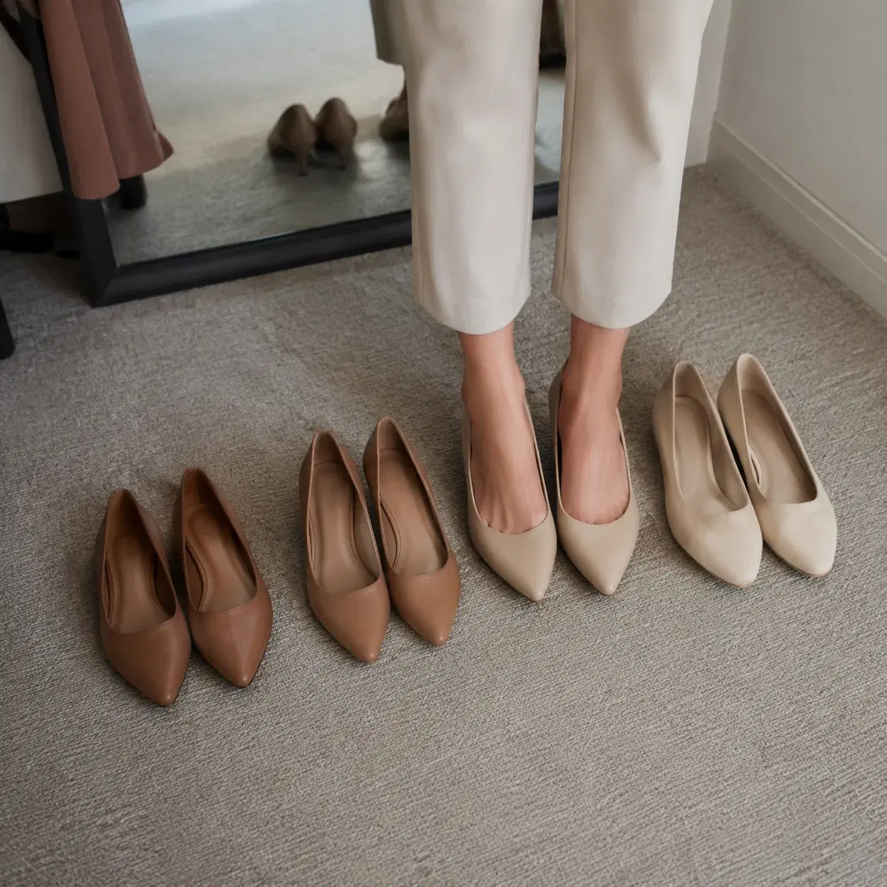 Realistic editorial photo of several neutral pumps and flats in different skin-tone shades beside ankle pants on a dress