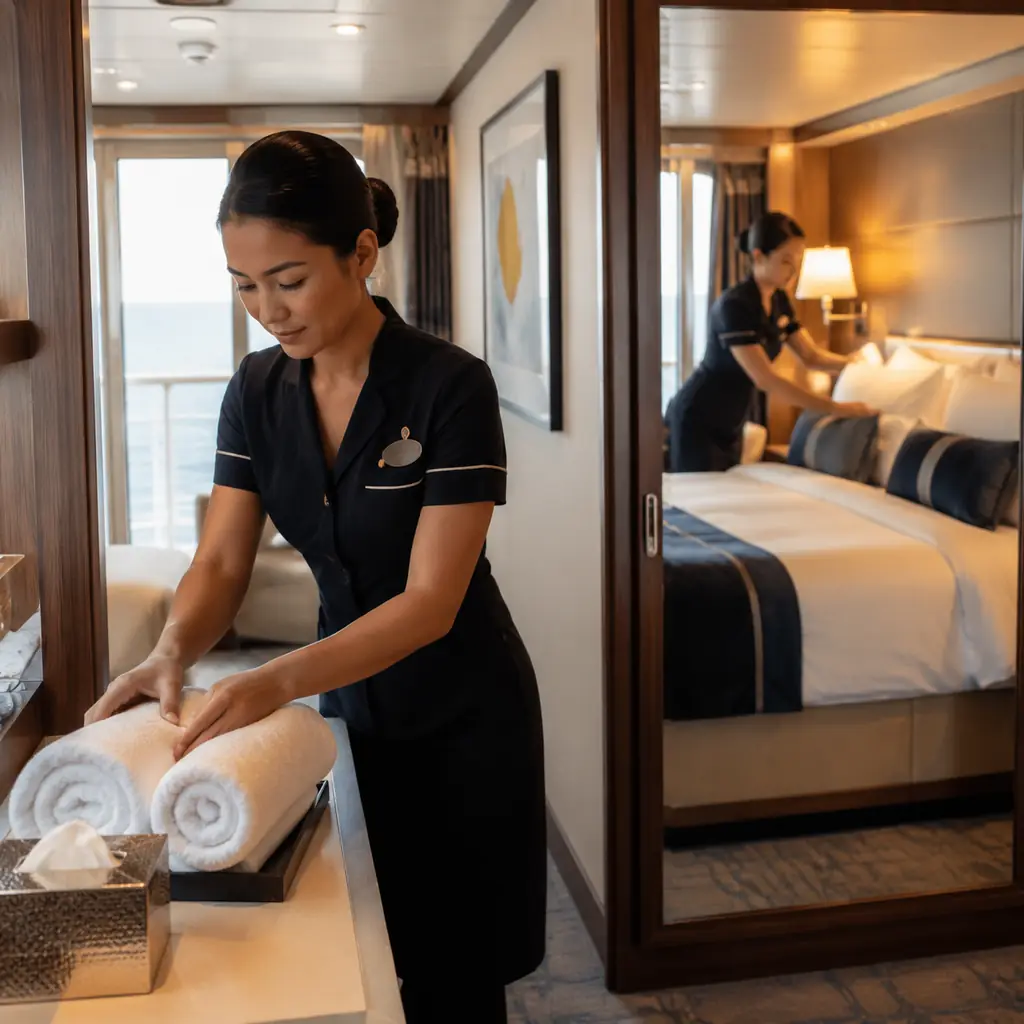 cruise cabin attendant refreshing towels in the morning while a second evening turndown scene is reflected softly in a m