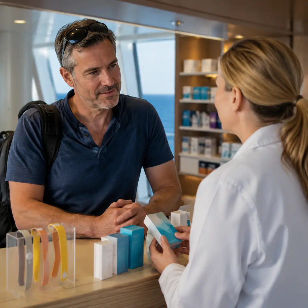 cruise traveler calmly consulting a pharmacist about motion sickness options with wristbands and medicine boxes shown wi