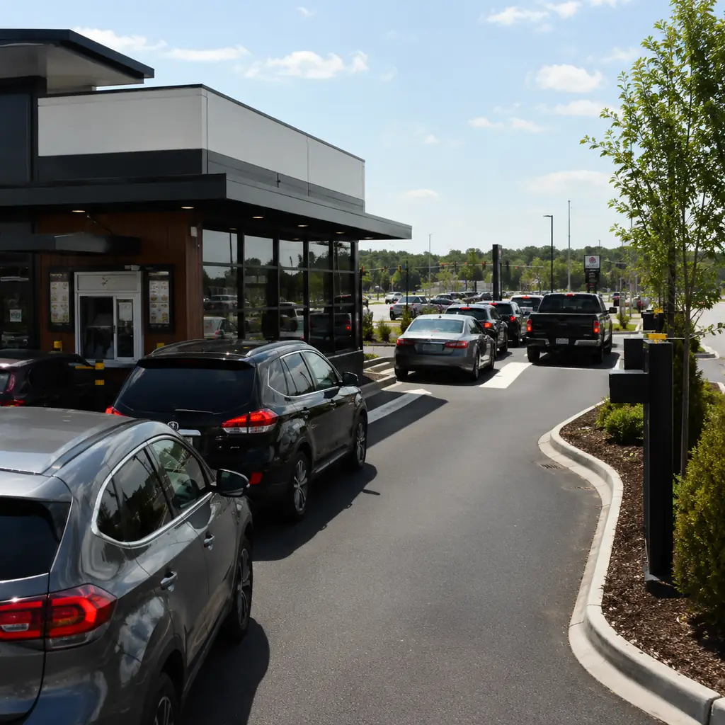 efficient highway chicken restaurant with organized drive through and a mix of sandwiches grilled chicken and salad no l
