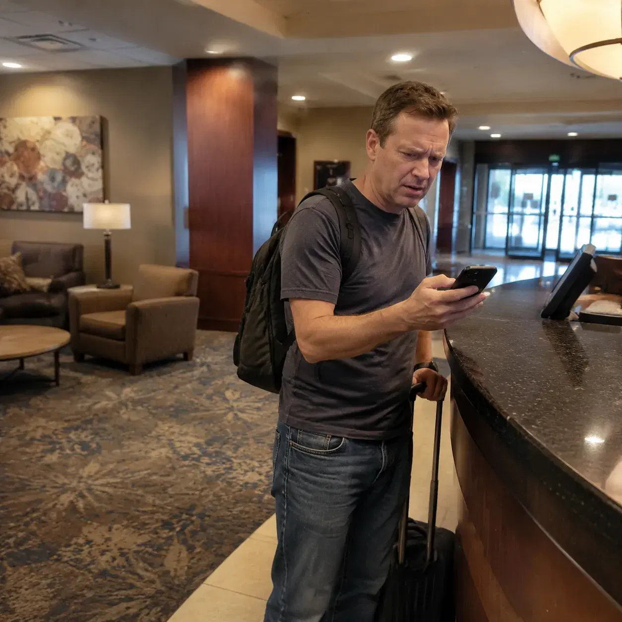 Fairfield Inn hotel lobby with worn lobby seating, faded carpet, generic decor, middle-aged American man checking in loo