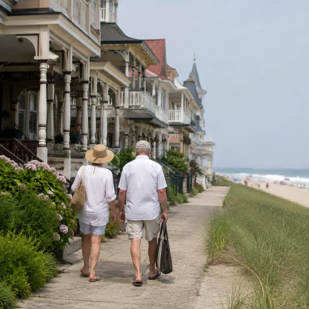 older couple walking past Victorian porches toward a quiet beach in Ocean Grove New Jersey, realistic travel editorial p