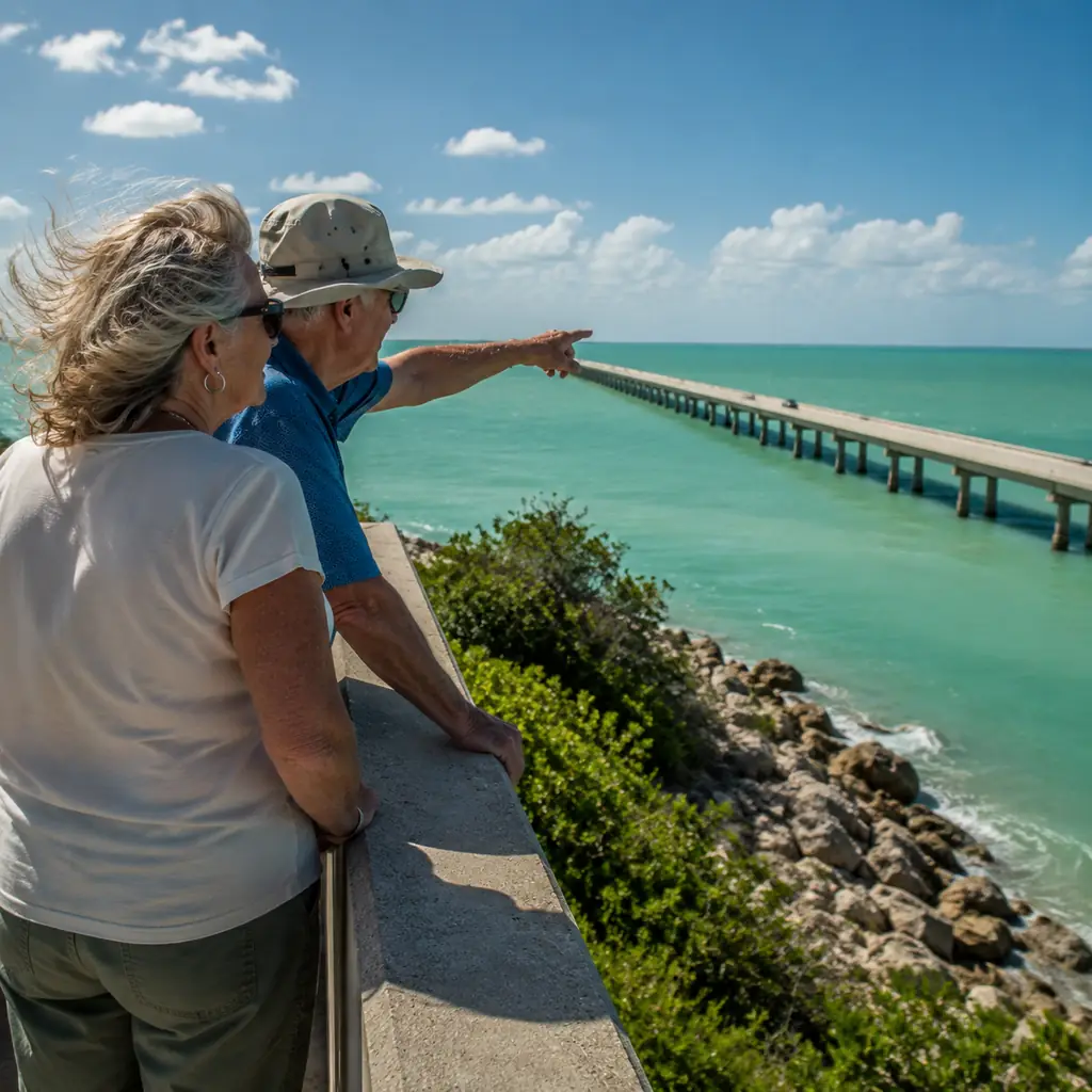older travelers beside a turquoise water overlook along the Florida Keys Overseas Highway on a weekday, realistic travel