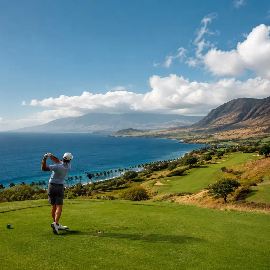 Realistic editorial photo of a Maui hillside golf course with sweeping ocean views, rolling fairway, trade wind clouds, 