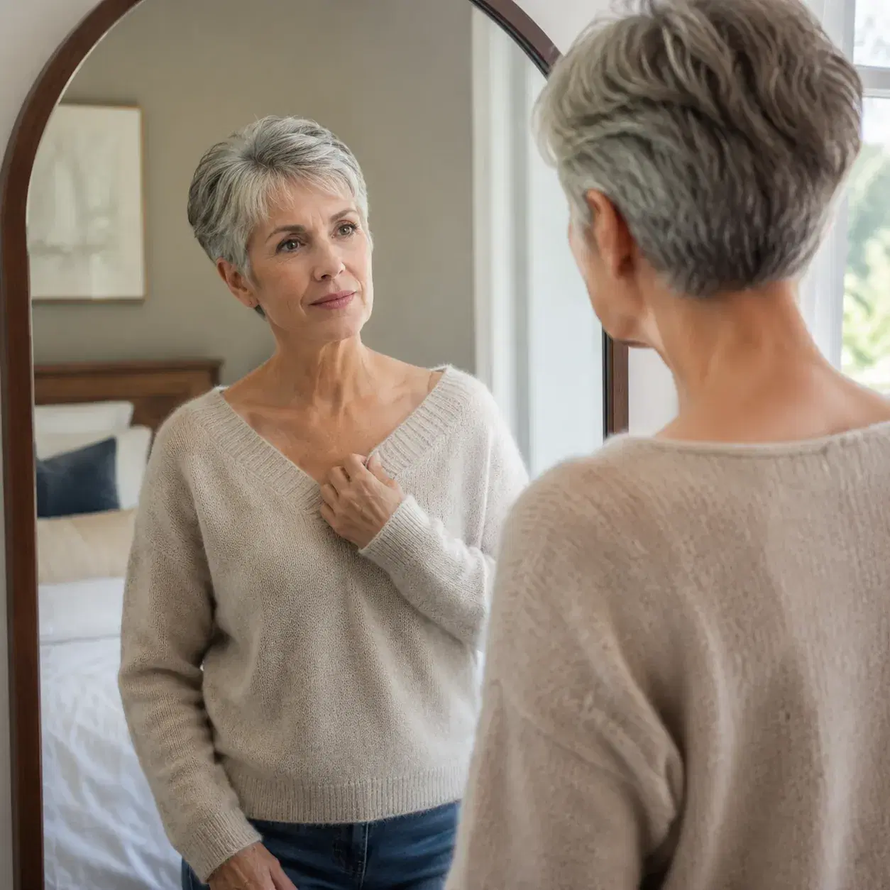 Realistic editorial photo of a woman over 50 trying on a sweater after a new short haircut, noticing the neckline feels