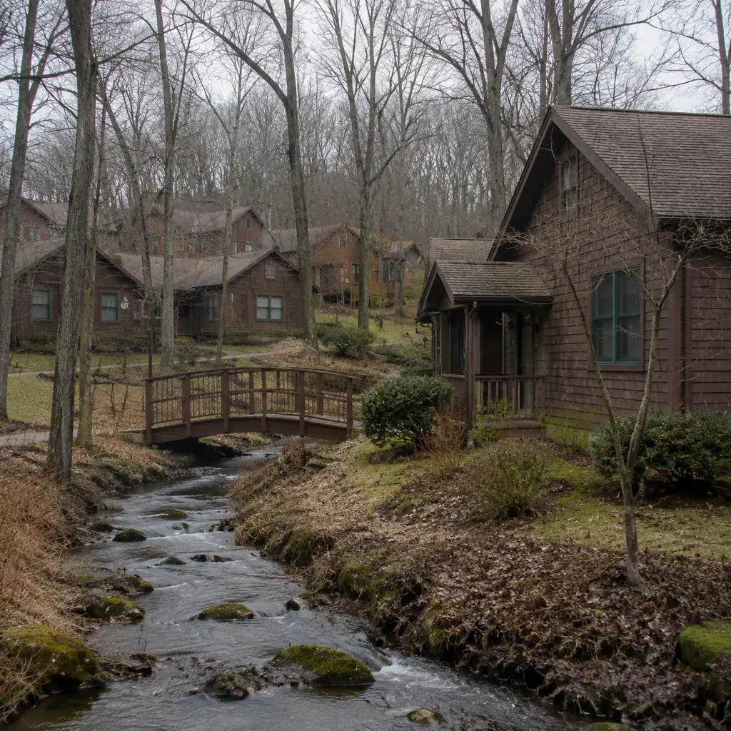 Realistic editorial photo of a wooded Pennsylvania retirement village with clustered cedar-sided cottages along a creek,