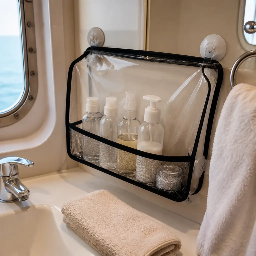 compact cruise bathroom shelf with small refillable toiletry bottles inside a sealed clear pouch, realistic cruise trave