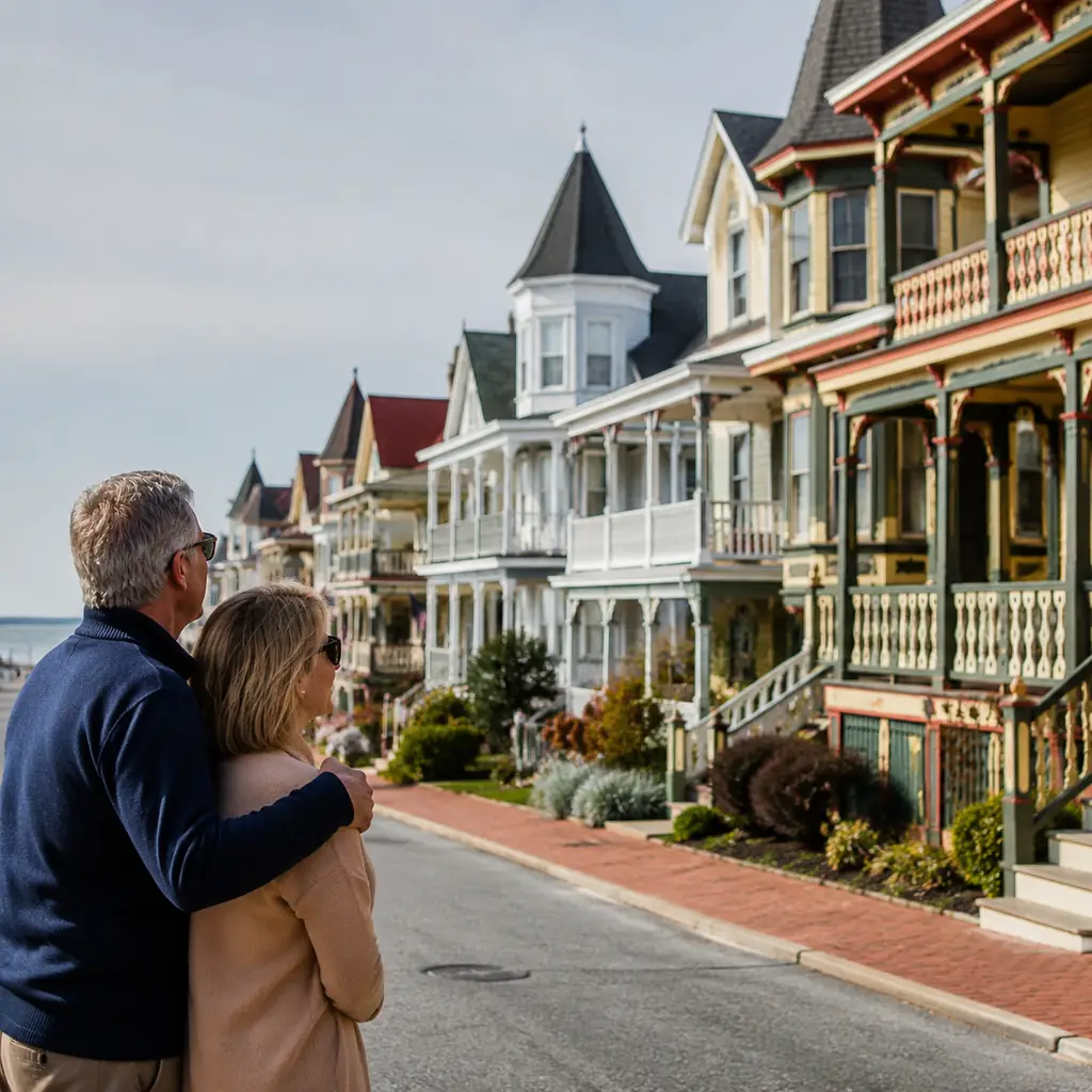 mature couple admiring Victorian homes on a calm Cape May New Jersey street near the sea, realistic travel editorial pho