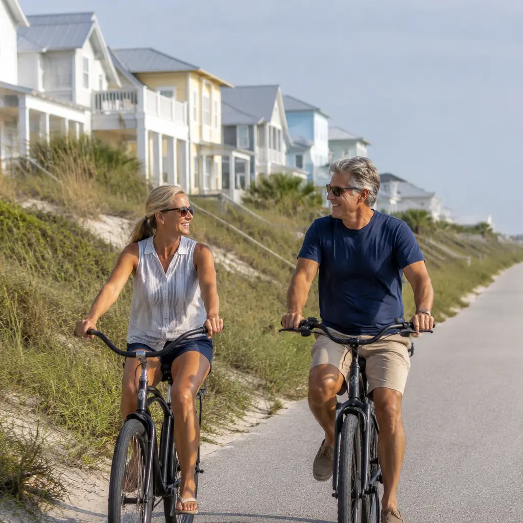 mature couple cycling beside dunes and pastel coastal homes along Florida Scenic Highway 30A, realistic travel editorial