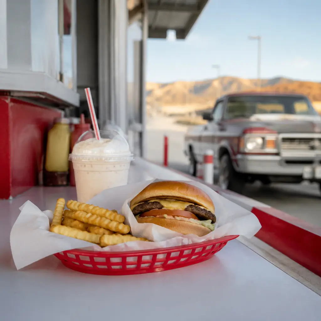 modern roadside burger stand serving a compact burger crinkle fries and a shake without visible branding, realistic trav