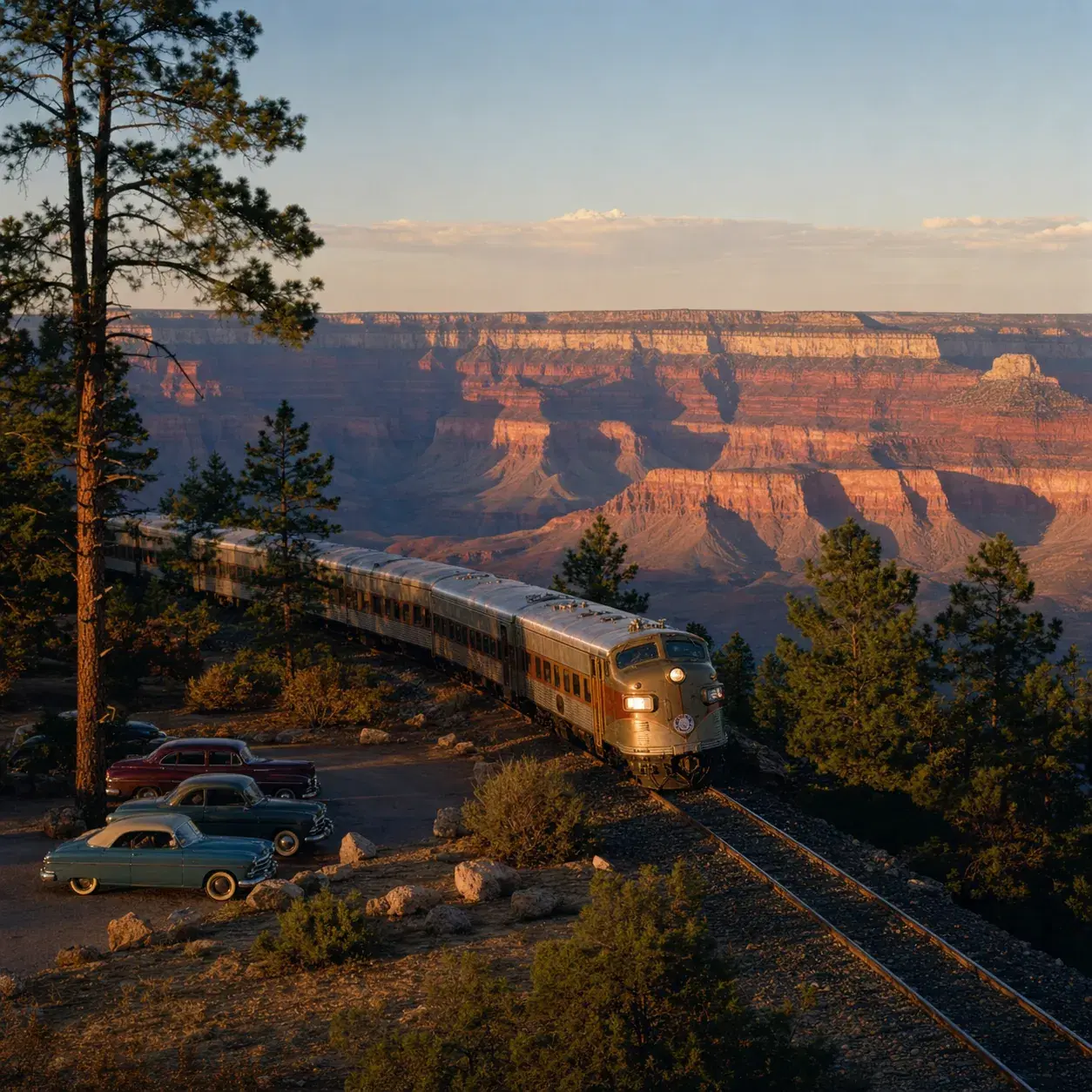 Realistic editorial photo of a classic passenger train arriving near the South Rim of the Grand Canyon with ponderosa pi