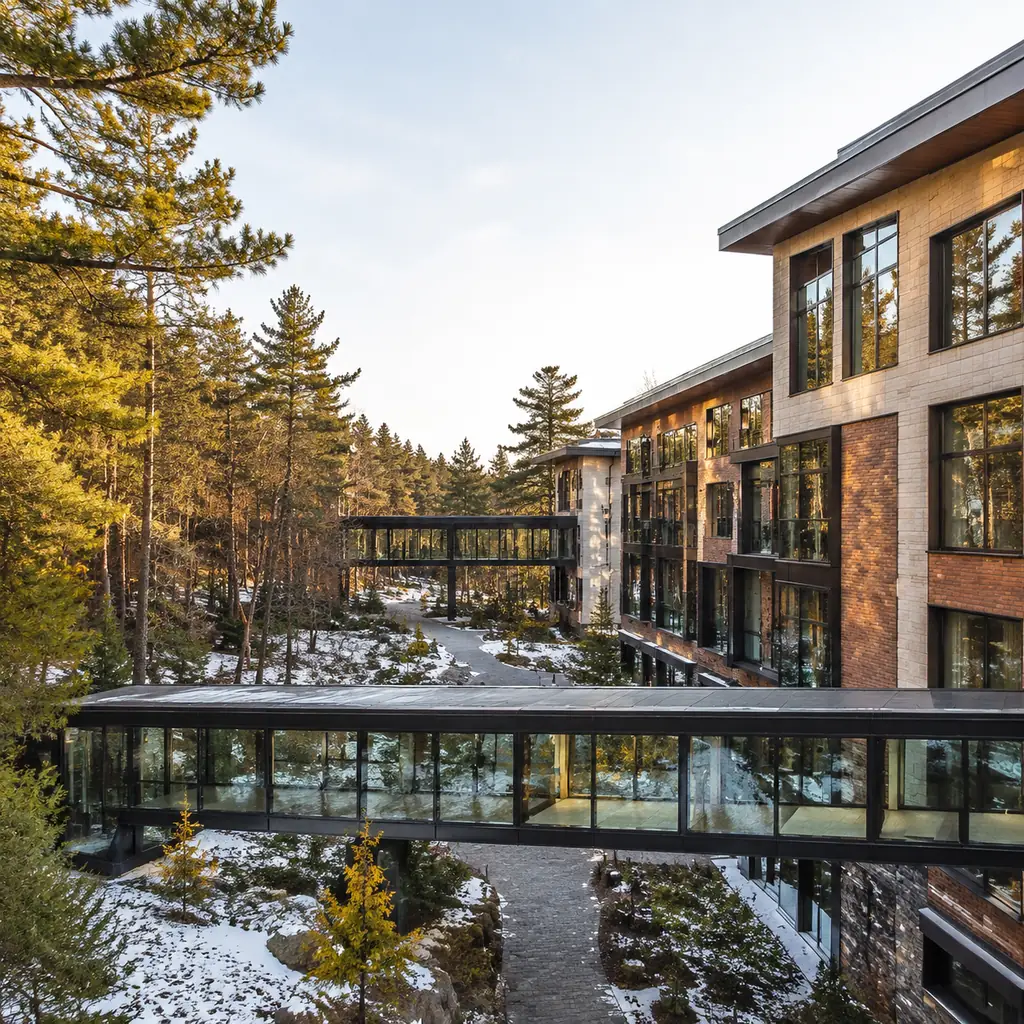 Realistic editorial photo of a modern apartment style retirement campus with glass walkways connecting buildings over la