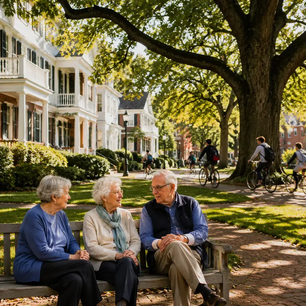 Realistic editorial photo of a retirement community with colonial-style apartment buildings near a college town common i