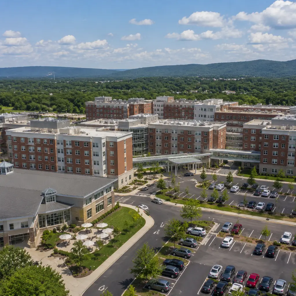 Realistic editorial photo of a very large Pennsylvania retirement campus with connected mid-rise apartment buildings, gl