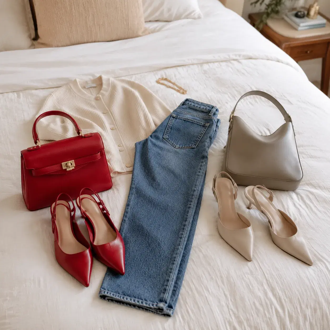 Realistic editorial photo of a woman's outfit laid flat with overly matched red handbag and red shoes beside a more mode
