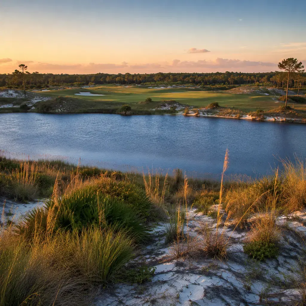 Realistic editorial photo of an inland Florida golf course with sandy dunes, deep blue pond, rolling fairway, native gra