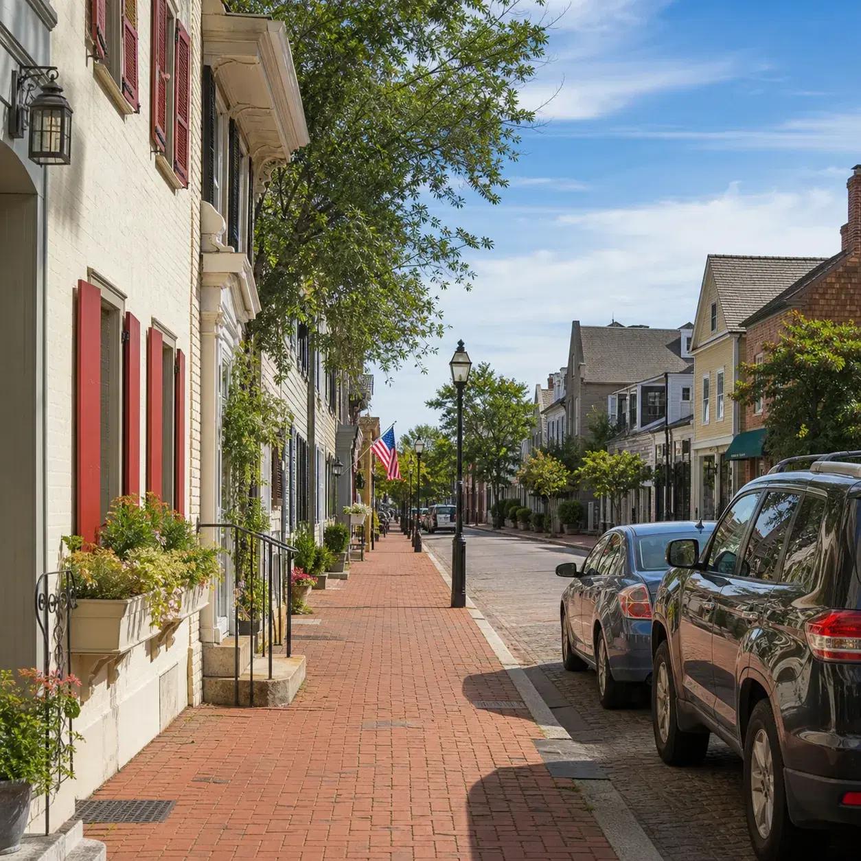 Realistic editorial photo of Lewes Delaware historic coastal street with brick sidewalks, older homes, small shops, and 