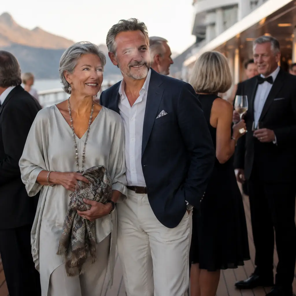 stylish older cruise couple in versatile evening clothes beside guests in more formal attire, realistic travel editorial