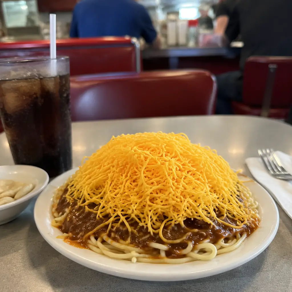 Cincinnati style diner serving chili over spaghetti with finely shredded cheese in a generic unbranded setting, realisti