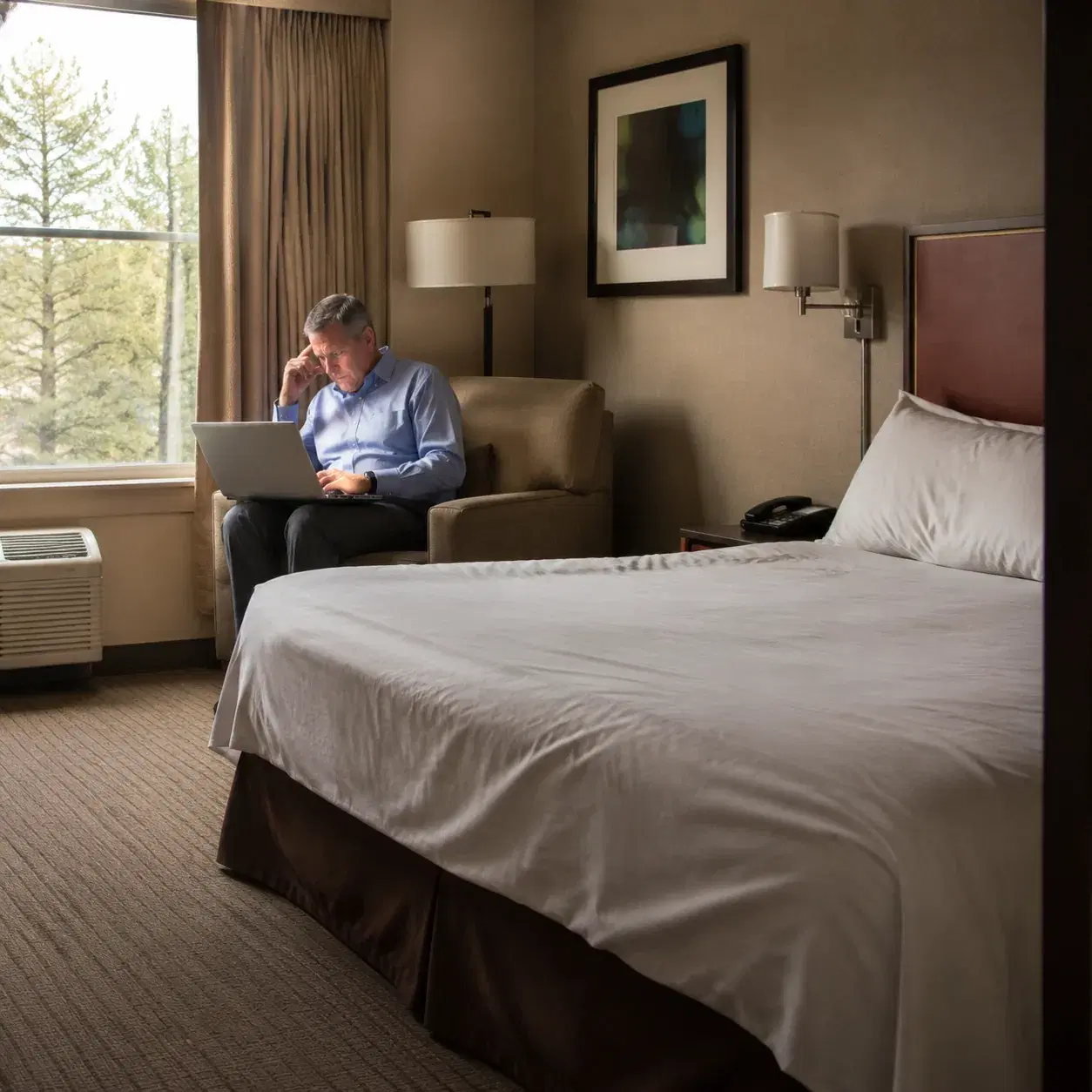 Hyatt Place hotel room with outdated furniture, thin duvet, worn armchair near window, older American business traveler