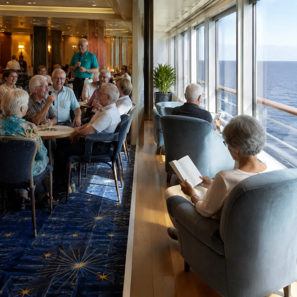 mature cruise passengers choosing between lively trivia and quiet reading chairs facing the ocean, realistic travel edit