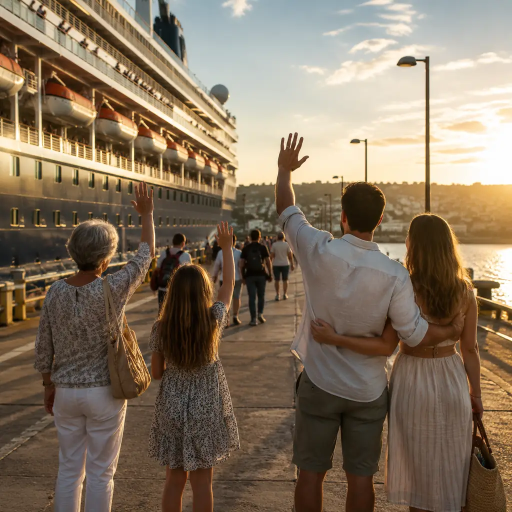 nostalgic pier scene with family members saying goodbye to cruise passengers on an open promenade before departure, real