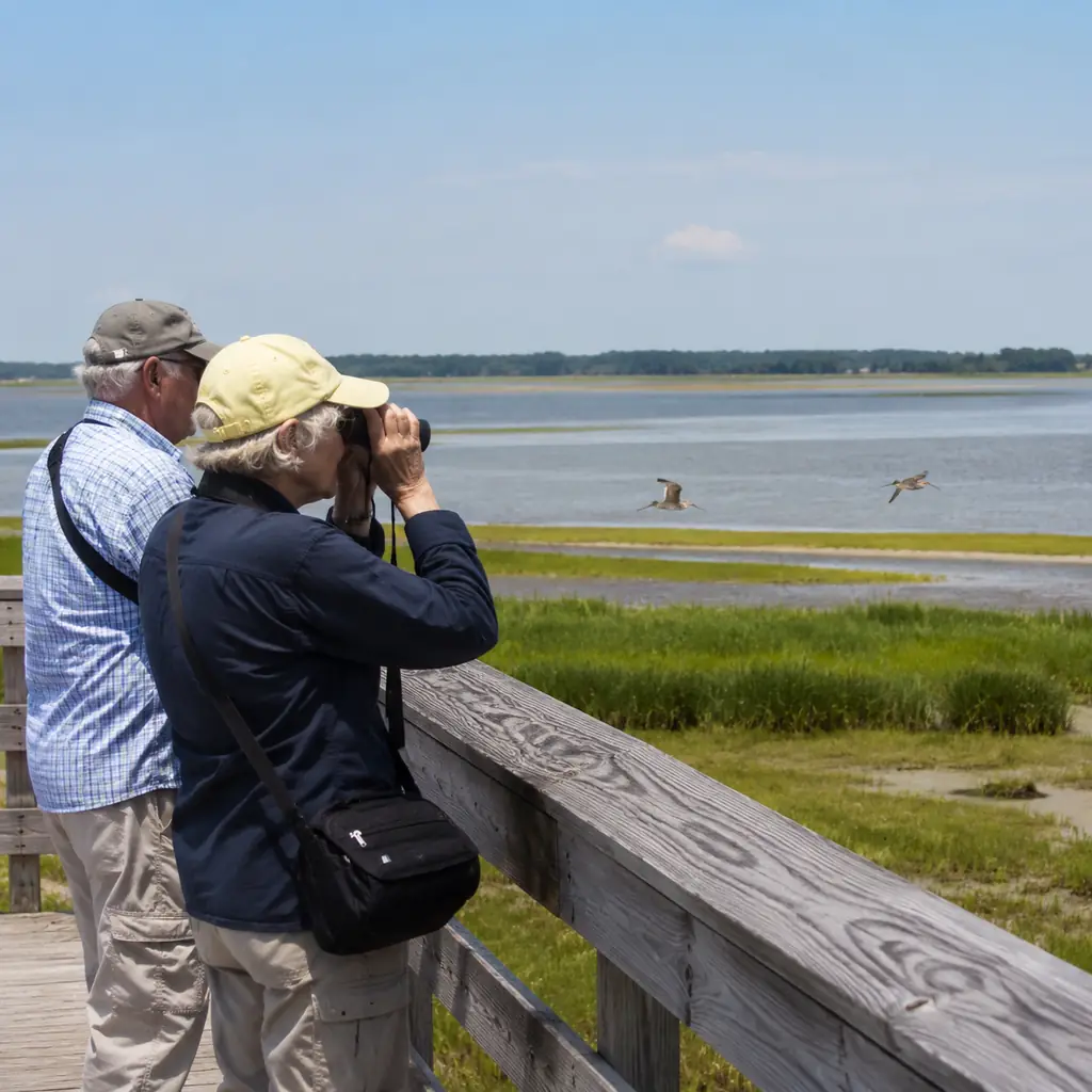 older travelers watching shorebirds from a boardwalk near Chincoteague Virginia with a quiet barrier island landscape, r