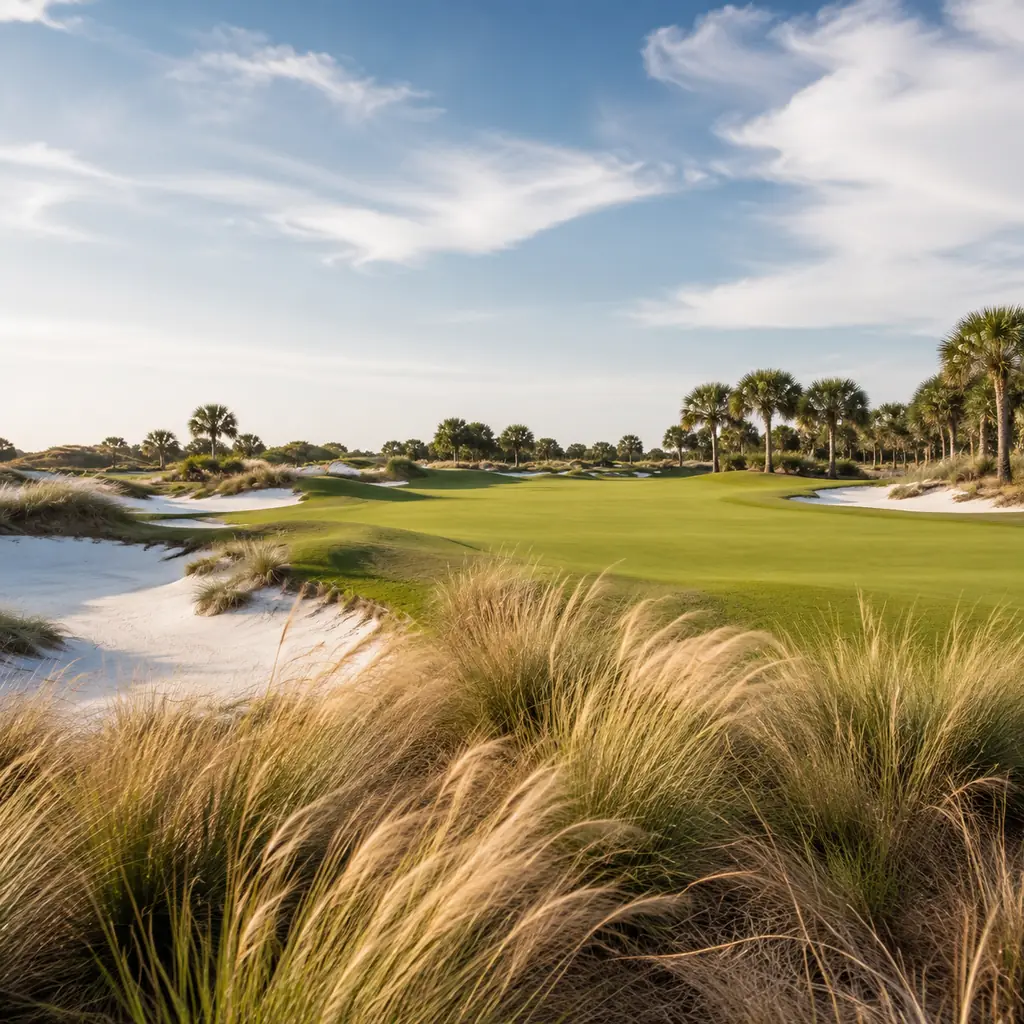 Realistic editorial photo of a Florida sand based golf course with wide fairway, wind brushed native grasses, white bunk