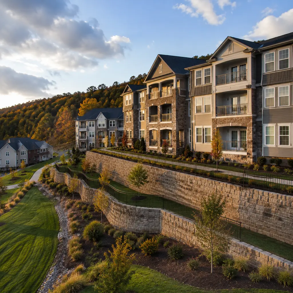 Realistic editorial photo of a modern Pennsylvania retirement community built on a hillside with terraced apartment buil