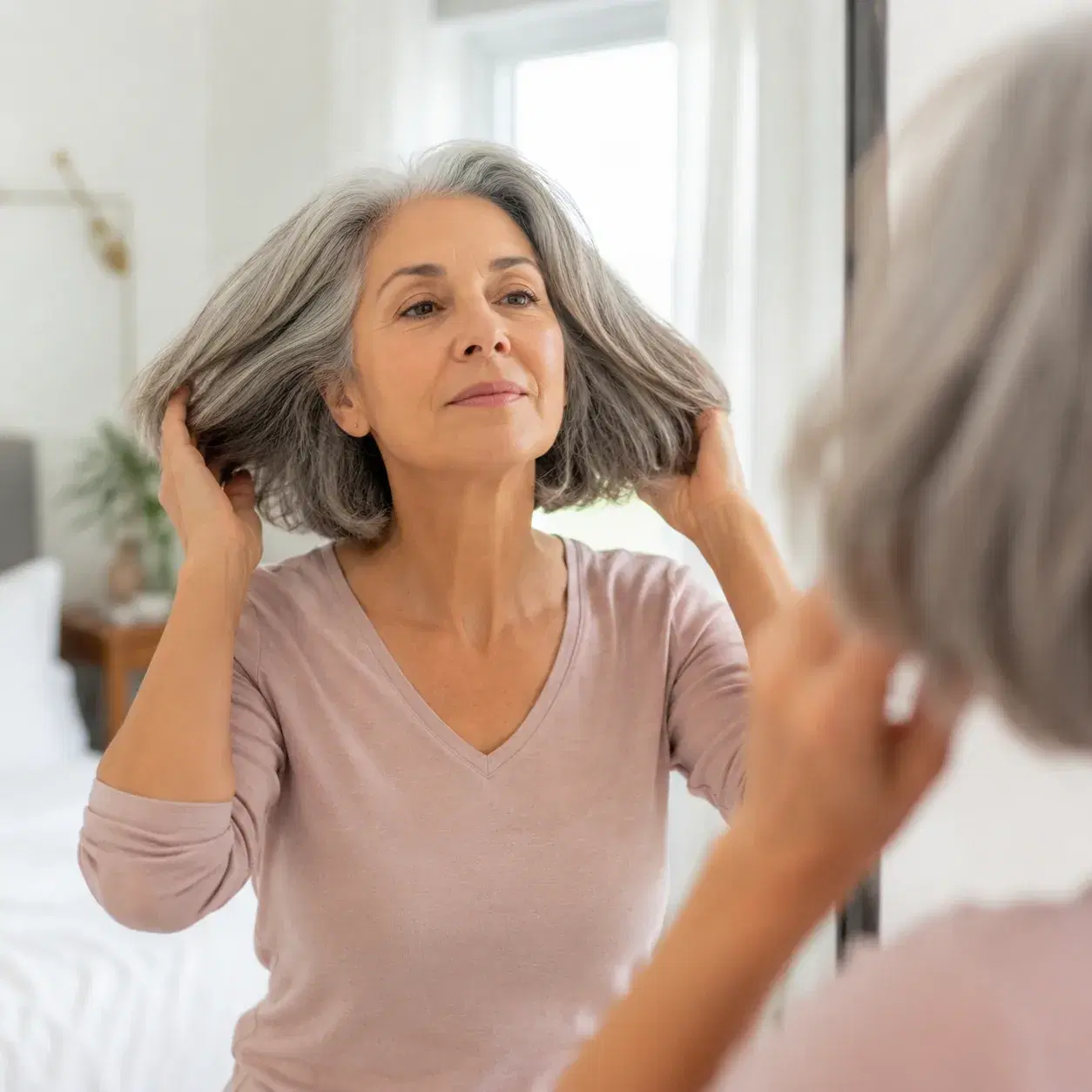 Realistic editorial photo of a woman over 50 with thick freshly washed hair in a blunt cut that has puffed outward, brig