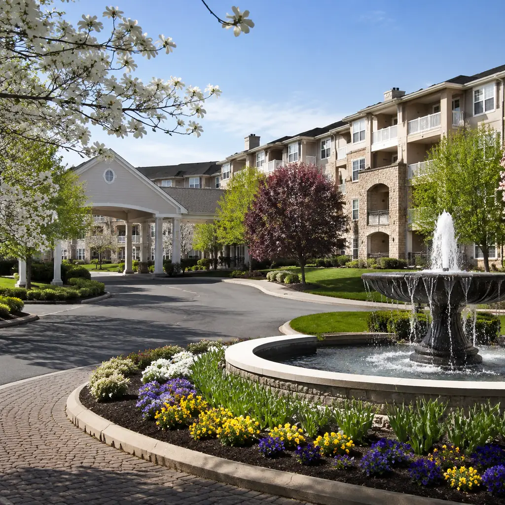 Realistic editorial photo of an upscale suburban retirement campus entrance with a fountain, manicured lawns and mid-ris