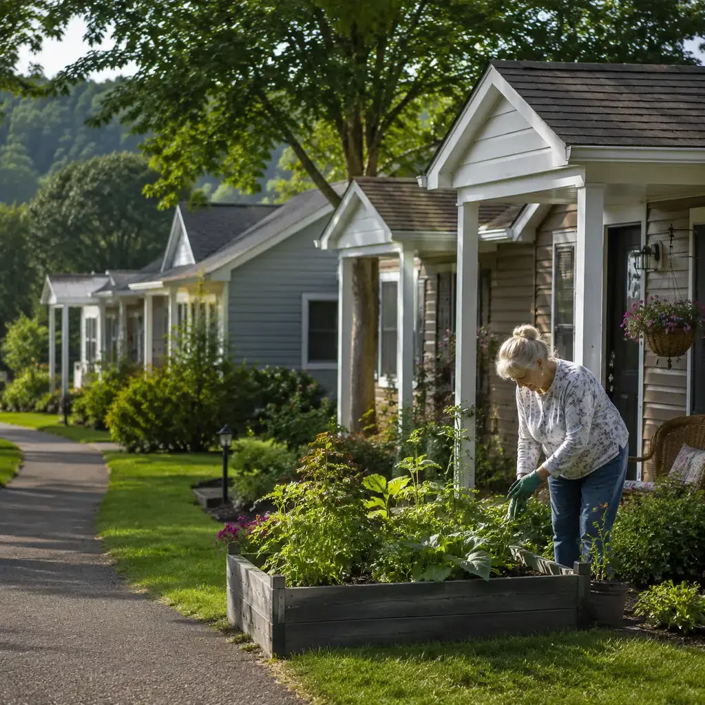 Realistic editorial photo of clustered single-story retirement cottages with small porches and shared green lawns in wes