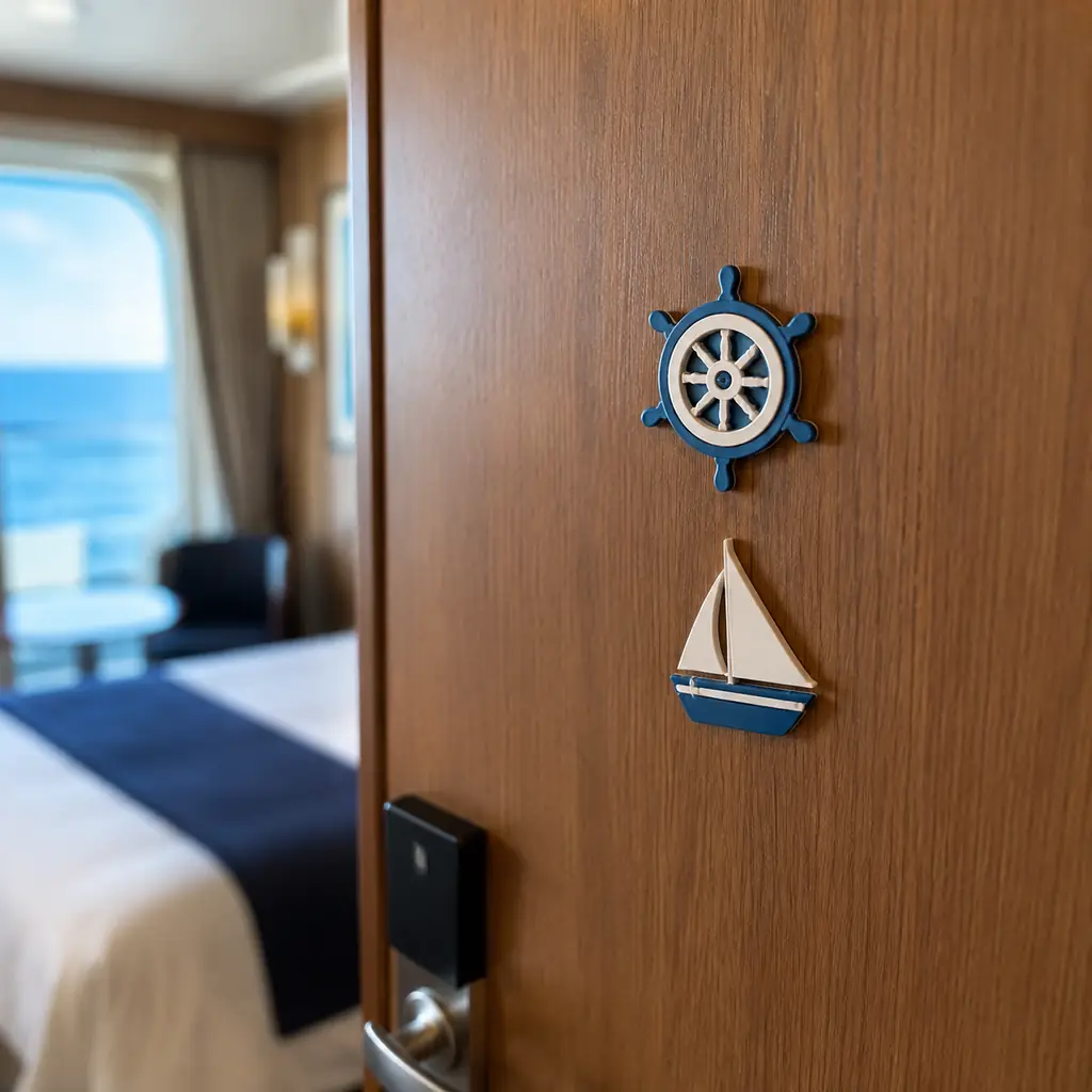 tasteful cruise cabin door with two flat nautical magnets and no names numbers or wording, realistic cruise travel consu