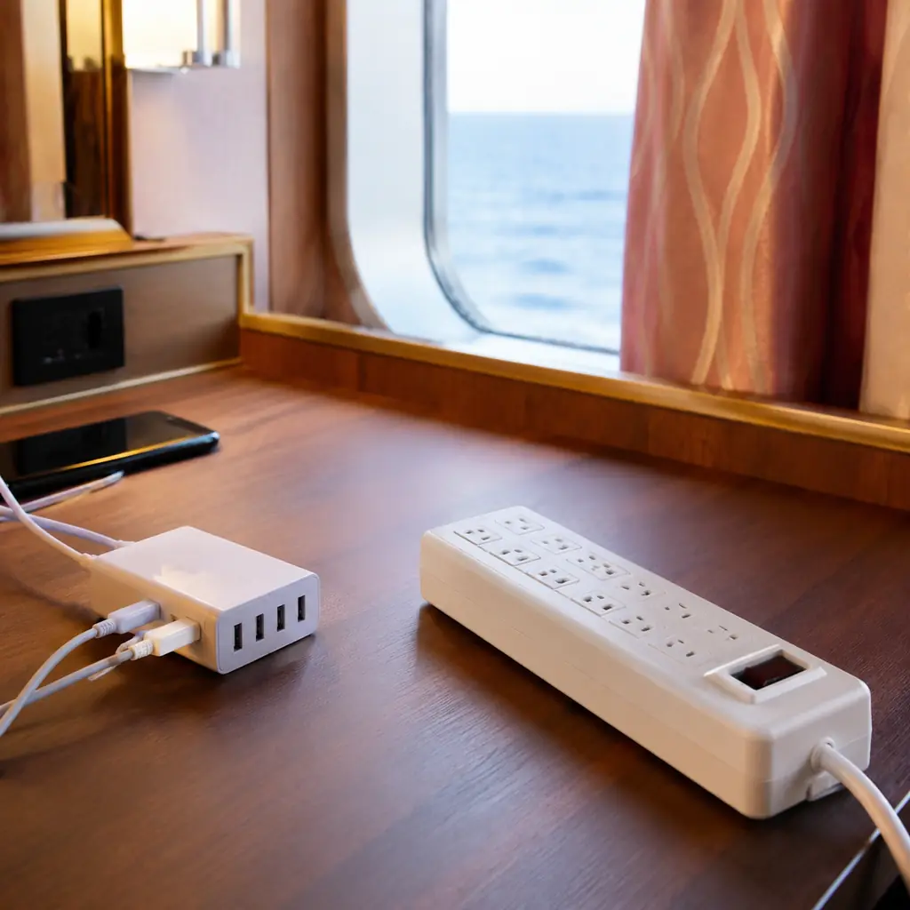 cruise cabin desk showing approved compact USB charging hub separated from a prohibited household surge strip with no la