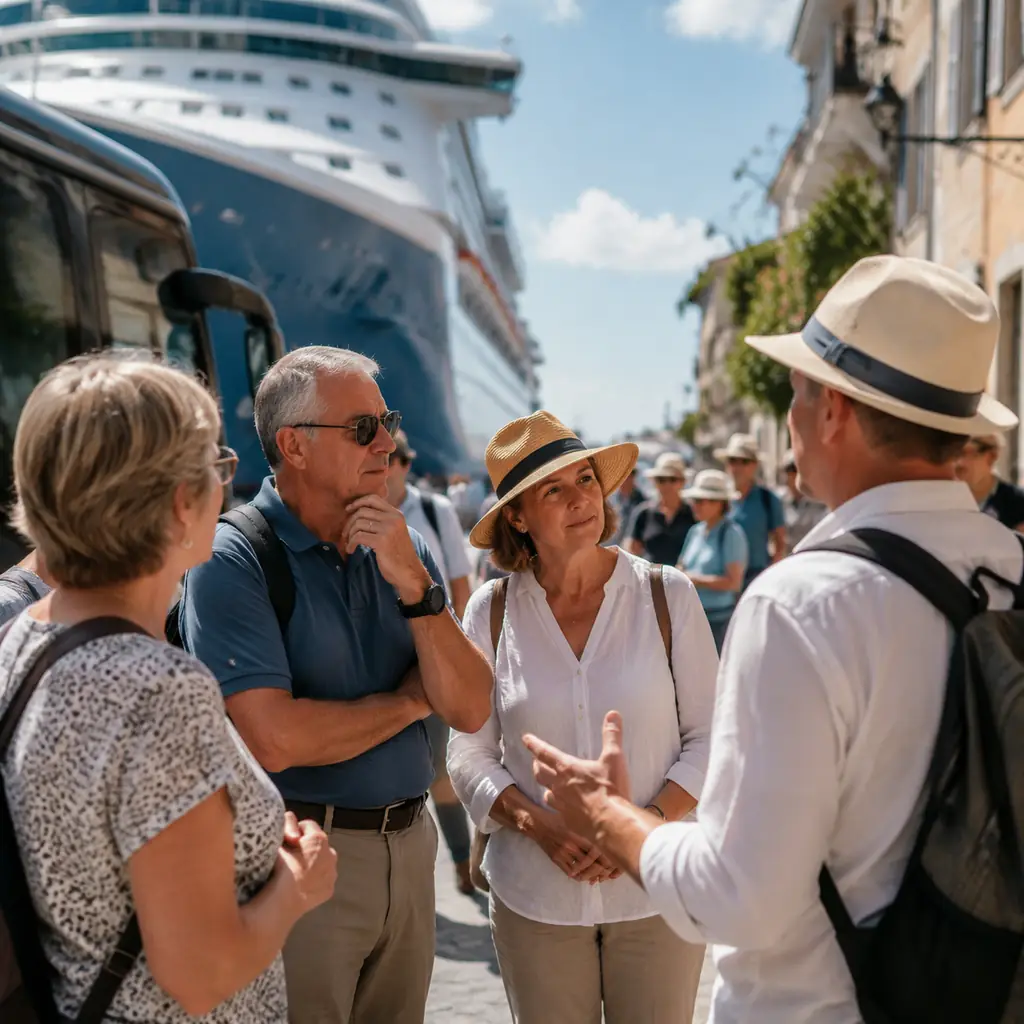 experienced cruise travelers comparing a large ship tour bus with a small local walking tour at port, realistic travel e